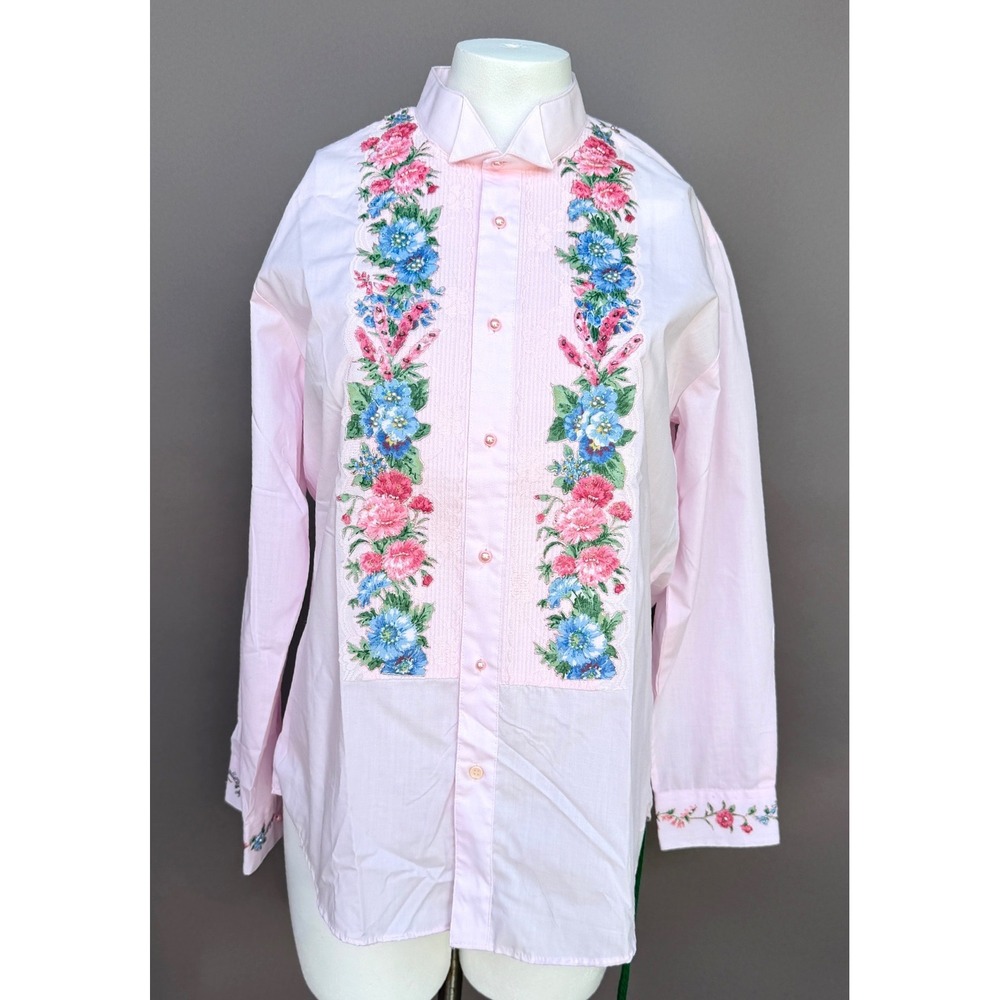 Vintage Pink Floral Embroidered Tuxedo Shirt XL Beaded Lace Pintuck Appliqué